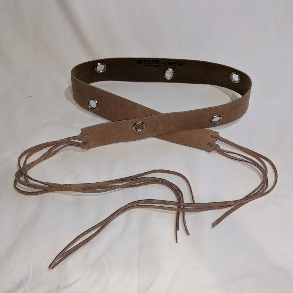 Lane Bryant Genuine Leather Tan Suede Grommet Tie Belt with Tassles Sz 14-20